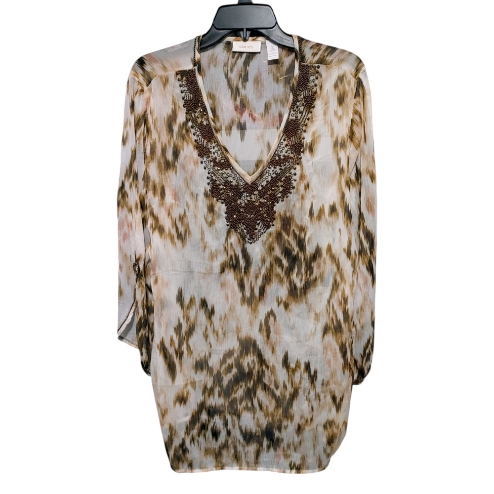 Chico's Semi Sheer 3/4 Sleeve Ikat Illusion Isabella Top Women's Size 2 - Large